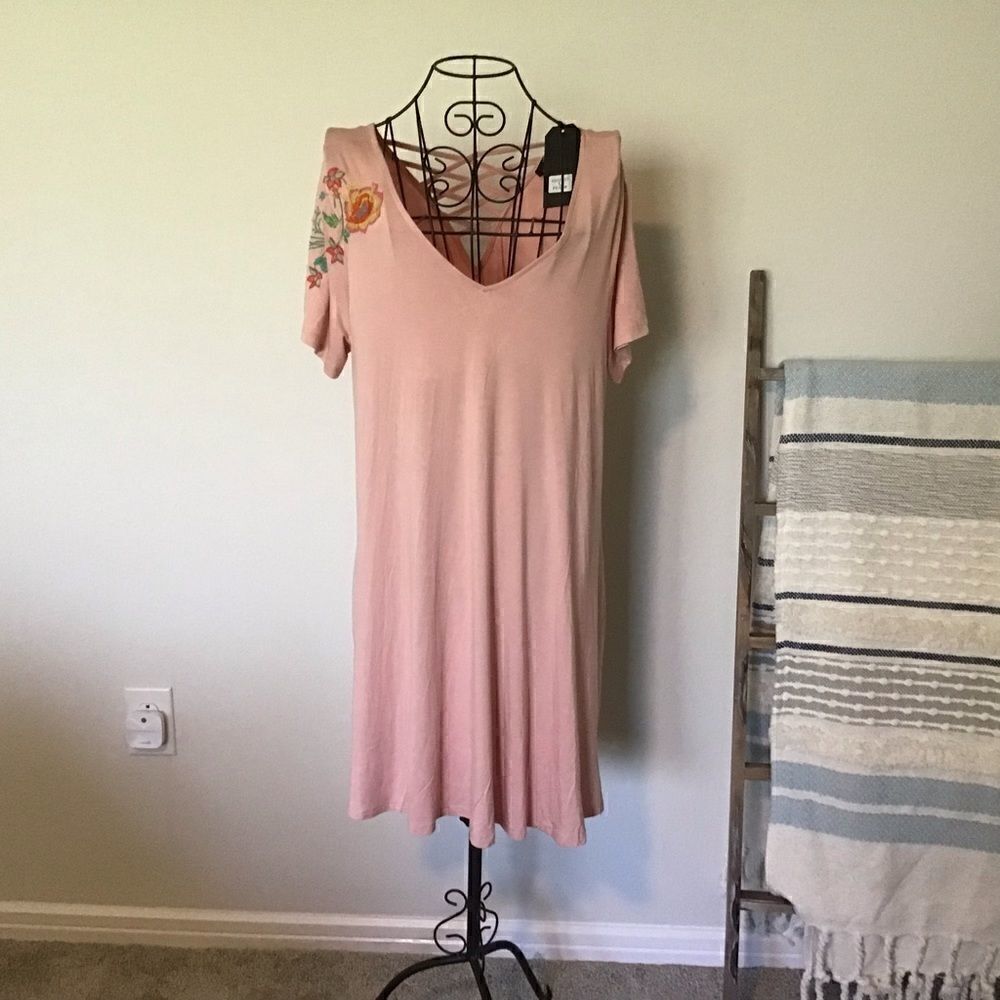 Very J Pink Embroidered Shift Dress NWT